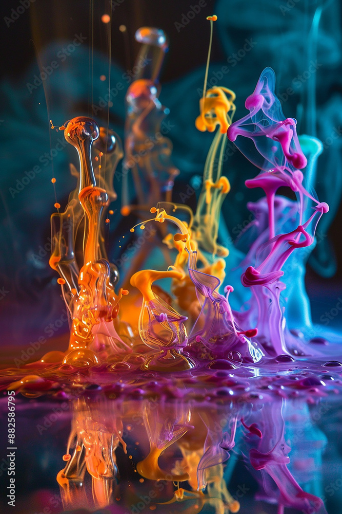 Wall mural A vibrant explosion of colorful liquid, captured in mid-air, illustrating dynamic movement and energy.