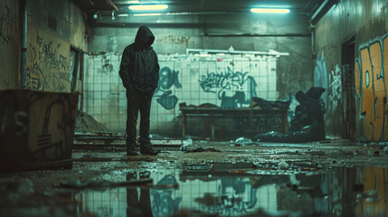 A lone figure in a hood stands in a graffiti-covered abandoned building, reflecting on puddled ground, illuminated by dim overhead lights.