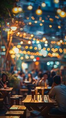 Obraz premium Abstract Wallpaper for World Beer Festival and Summer Party Theme. Popular Chilled Beverages Marketing Ad with Bokeh Background of Street Bars and Beer Restaurants. Asian Outdoor Scene with People Rel