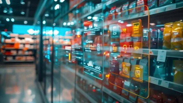 shelves of goods in a shop with hologram footage