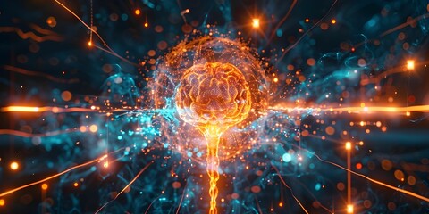 A glowing, colorful brain surrounded by a blue and orange background. The brain is surrounded by a blue and orange glow, giving it a surreal and otherworldly appearance
