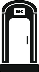 Simple black and white icon of a public bio toilet cabin standing on the ground
