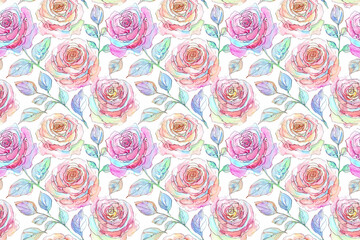 水彩画の薔薇のシームレスパターン白背景イラスト