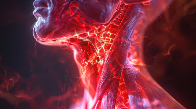A detailed illustration showcasing the complex network of blood vessels, muscles, and tissues in the human neck and throat area.