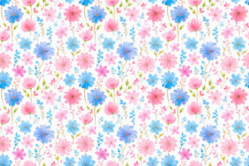 ピンクとブルーのコスモスの花柄イラスト、シームレスパターン背景