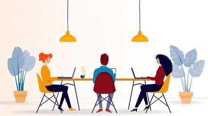 Startup founders' meetup, warm glow, portrait shot, cozy cafe background with left margin copy space isolated on soft plain pastel solid background