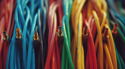 Close-up of colorful wires bundled together, showcasing a variety of hues including blue, red, green, yellow, and black, with metallic connectors visible at the ends.