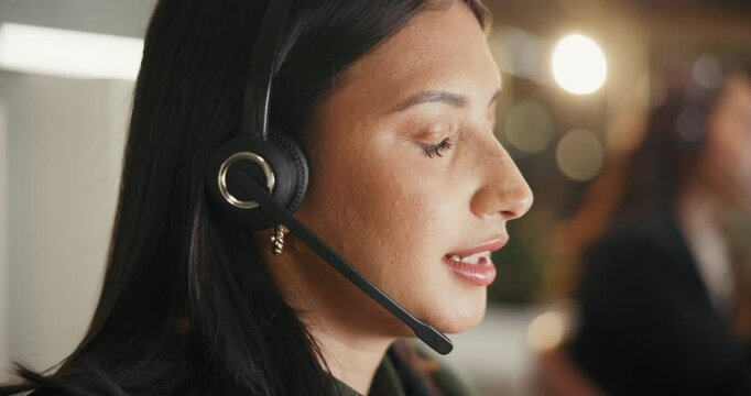 Talking, call center and woman with headset for customer service, telemarketing and crm communication. Lead generation, agent girl and conversation for technical support and contact us with insurance