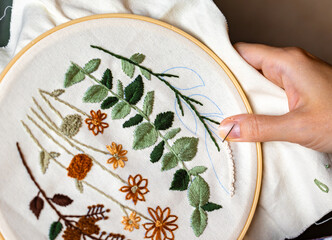 Woman's hands working on embroidery with thread and needle