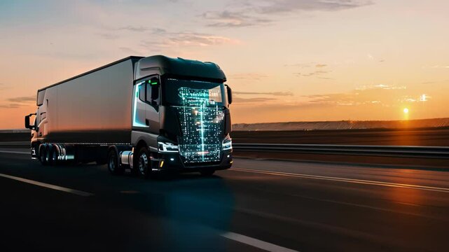 Autonomous truck cruises highway at sunset. Sleek design glows with digital interface, embodying future of logistics. 