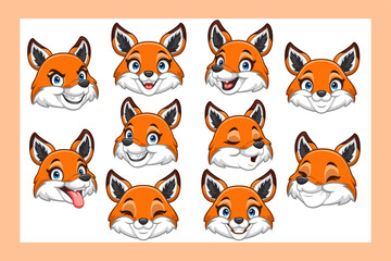 Collection of cartoon fox heads with various expressions