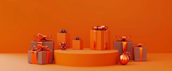 3D rendering of an orange podium with a festive gift box