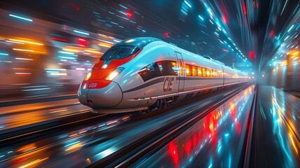 High-Speed Train Racing Through Urban Landscape. High-speed train racing through a vibrant urban landscape at night, showcasing modern technology and city life.