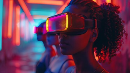 Young Woman in Neon VR World. Young woman wearing a VR headset explores a neon-lit virtual world, emphasizing the immersive and futuristic nature of VR technology.