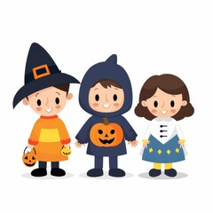 Three children dressed in Halloween costumes are standing together