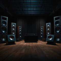 Large black speakers placed symmetrically in a dark isolated background with copy space