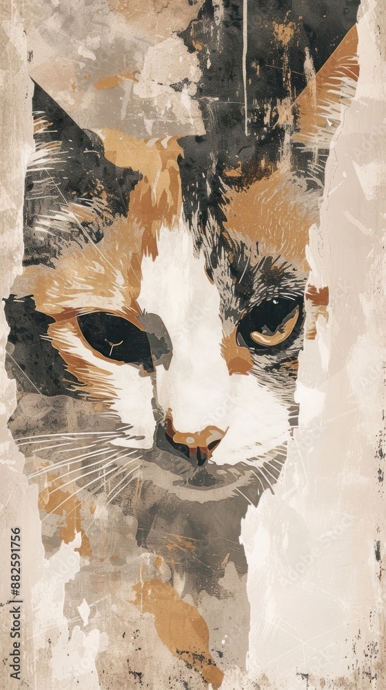 Poster Exotic cat with acrylic brush stroke overlay art backgrounds painting.