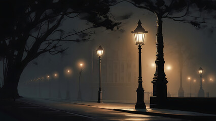 An isolated figure standing in under a tone streelight in an otherwise dark, empty city street, depicting depression, loneliness with copy space