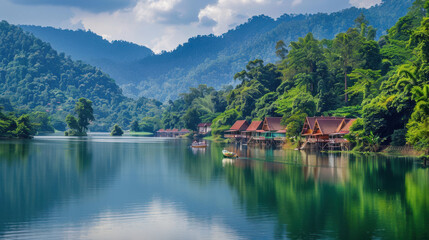 Fototapeta premium A serene view of Ban Rak Thai village nestled beside a tranquil lake, surrounded by lush green mountains