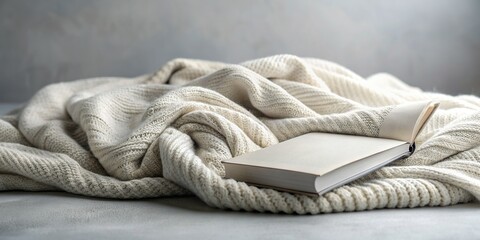 Softly folded white blanket draped over a grey background, gently covering a book mockup, creating a cozy and intimate atmosphere, perfect for e-book or literature promotions.