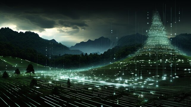 Abstract image of binary code flowing through a digital landscape - Powered by Adobe