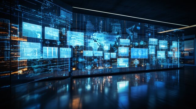 Computer screens showing real-time big data processing and analysis
