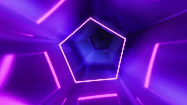 Abstract Geometric Pentagonal Tunnel. Fast flight through reflective, pulsating and neon tube has several glass portals. 4K loop animation in purple, dark blue colors with pink shape highlight.