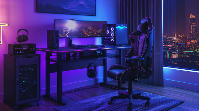 A stylish gaming desk with a sleek black finish, under-desk lighting, and a high-performance gaming chair with built-in RGB lights