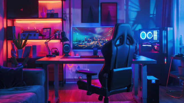 A stylish gaming desk with a sleek black finish, under-desk lighting, and a high-performance gaming chair with built-in RGB lights