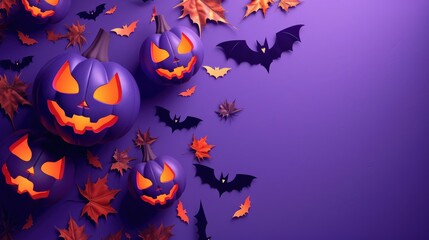 Purple Pumpkin Halloween Scene with Glowing Jack-O-Lanterns, Bats, and Autumn Leaves