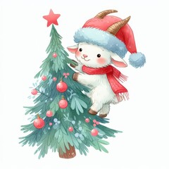 A cute cartoon goat wearing a Santa hat decorates a Christmas tree with red ornaments.