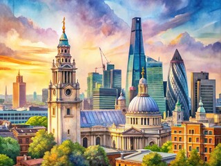 Fototapeta premium Vibrant watercolor depiction of a quaint little church nestled amidst London's stunning cityscape, featuring iconic skyscrapers and majestic architectural landmarks in soft hues.