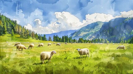 Serene Pastoral Beauty: Watercolor Meadow with Grazing Sheep
