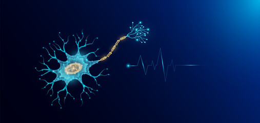Nerve cell in form style polygon low poly futuristic and pulse wave glowing. Medical science template banner with empty space for text. Vector EPS10 illustration.