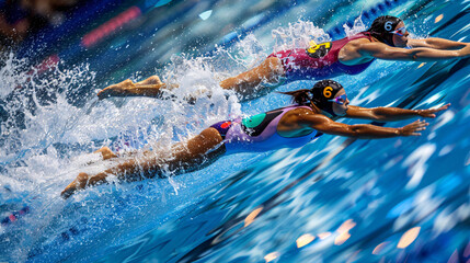 Top view of group of young swimmers training in olympics paris swimming pool with marked lanes outdoor. Summer sports camp featuring olympics london and paralympics 2024 swimming olympics.
