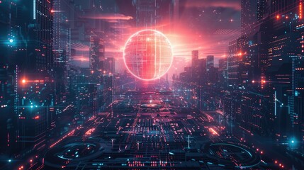 Fototapeta premium Futuristic Cityscape with Digital Neon Lights and Virtual Sphere at Sunset