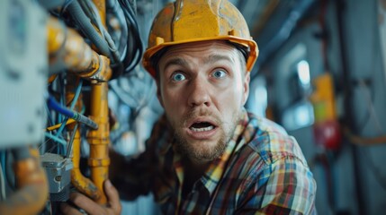 A man in a yellow hard hat is looking at something in a dark room