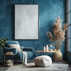 Coastal design living room in blue tones with an empty rectangle frame, complemented by an armchair and coffee table arrangement
