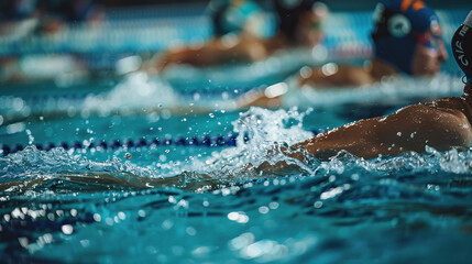 Young athletes and kids swim in open water swimming pool at triathlon competition summer sports camp. Top view training for olympics paris and olympics london.
