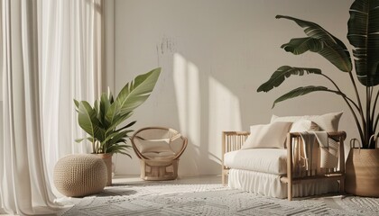 Stylish Scandinavian living room with linen curtains, sofa, armchair, large indoor plants, and a geometric patterned carpet