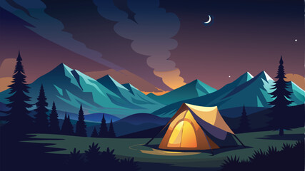 a tent with a burning light inside stands in a clearing under a starry sky. Beautiful starry night sky and the Milky Way. Concept for outdoor tourism in mountain. © Ranadhie