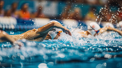 Summer sports camp with sportive kids and people swimming in marked lanes at swimming olympics training for paralympics 2024 and olympics london.
