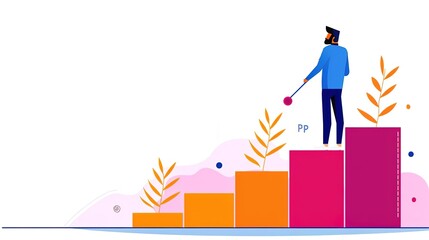 Man climbing stairs of success,  representing growth and achievement.