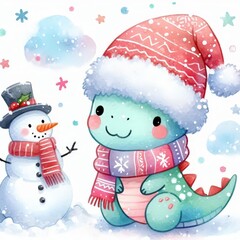 A cute dinosaur wearing a winter hat and scarf stands next to a snowman.
