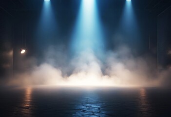 smoke empty 3d theatre stage blue light rendering background spotlight show black scene and