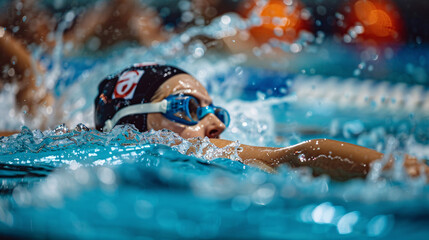 Top view of young swimmers training in clean blue water swimming pool. Open water training camp for olympics paris and olympics london triathlon competition.
