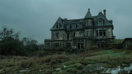 Fototapeta premium Eerie Abandoned Mansion: Haunting Atmosphere of Neglect with Broken Windows and Desolate Garden on a Hill under Overcast Sky
