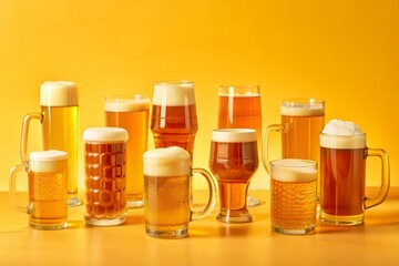 A row of beer glasses with a yellow background
