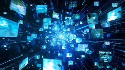 A dynamic visual of multiple blue holographic images floating in the air, representing different video content on social media platforms