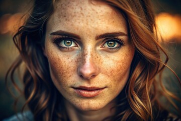 Warm-toned portrait of a woman with beautiful freckles sprinkled across her nose and cheeks, subtle smile and soft eyes looking directly at the camera.